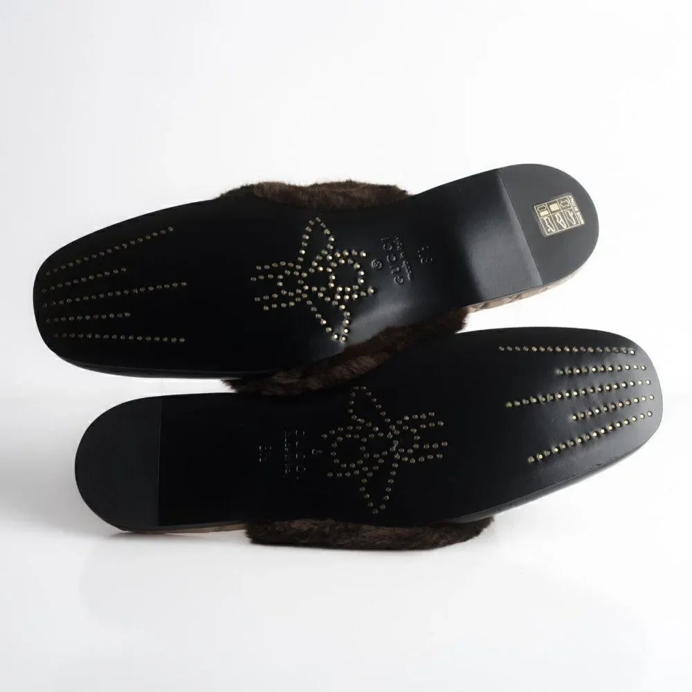 Gucci Mens Black Leather Mules Slippers Faux Fur Quilted Limed ed US 8.5 New